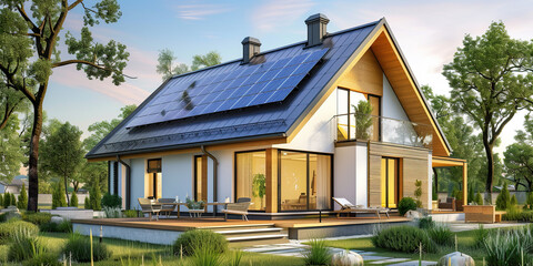 New suburban house with a photovoltaic system, illustration - obrazy, fototapety, plakaty