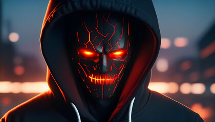 A faceless avatar with glowing red eyes wearing a dark hoodie, lit dramatically with cinematic lighting - obrazy, fototapety, plakaty