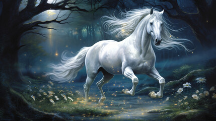 Naklejka na ściany i meble A mystical and graceful unicorn galloping through a my