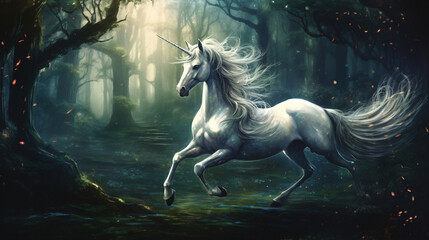 A mystical and graceful unicorn galloping through a my