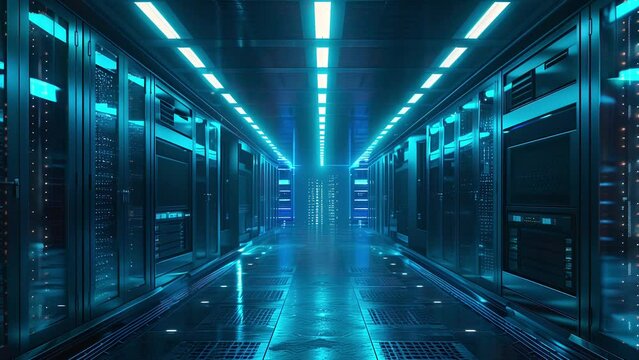A server room with zoom animation.