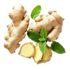 ginger root and mint leaves on a white isolated background