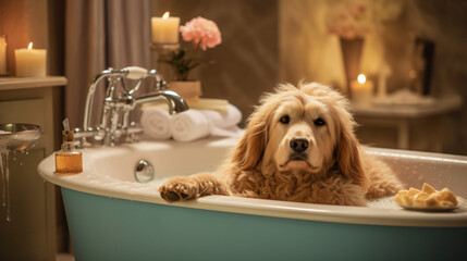 A pampered dog enjoys a relaxing spa treatment at a lu - obrazy, fototapety, plakaty