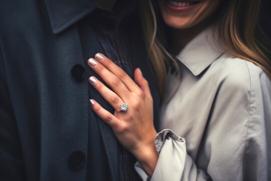 A man's hand delicately holding an engagement ring, with his gleeful girlfriend softly blurred behind him.
