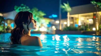 ナイトプール、夜のプールで空を見上げる日本人女性 - obrazy, fototapety, plakaty