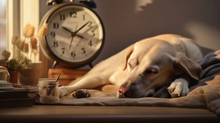 A peaceful scene unfolds as a labrador dog sleeps soun - obrazy, fototapety, plakaty