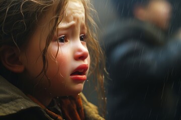 
Close-up photo capturing the tear-streaked face of a crying child as they endure their parent's scolding, the parent's figure blurred in the background.