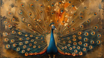 A majestic peacock spreading its feathers in a graceful dance, symbolizing the divine presence of Lord Krishna - obrazy, fototapety, plakaty