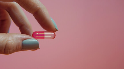 A close-up shot captures a hand with pastel nail polish gracefully holding a red and transparent capsule between the thumb and forefinger