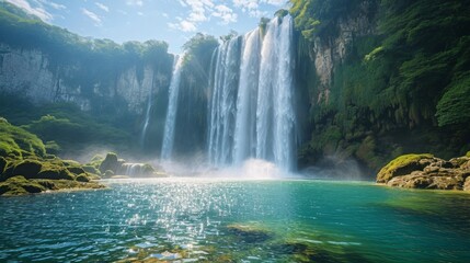 A cascading waterfall plunges into a crystal-clear pool  mist hanging in the air like a veil  sunlight sparkling on droplets like a million diamonds.