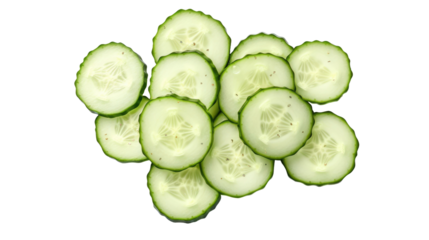 heap of sliced cucumber on white isolated background, top view 
