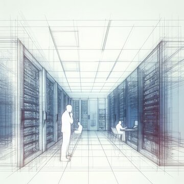 Sketch of Server rack cluster in a data center with Generative AI.