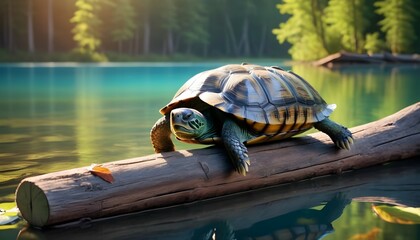 A content turtle dozing off on a wooden log in a serene lake. - Powered by Adobe