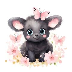 Cute black sheep clipart with watercolor with pink flower