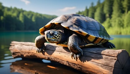 A content turtle dozing off on a wooden log in a serene lake. - obrazy, fototapety, plakaty