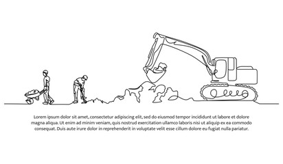 One line continuous of dig the ground using an excavator. Minimalist style vector illustration in white background.