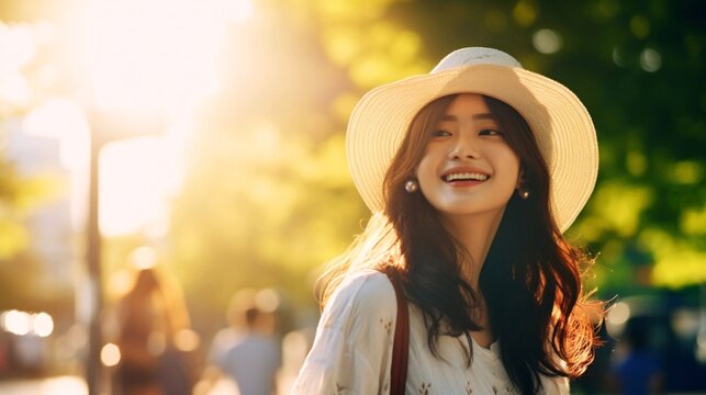 夏と女性、太陽の日差しと帽子の日本人女性