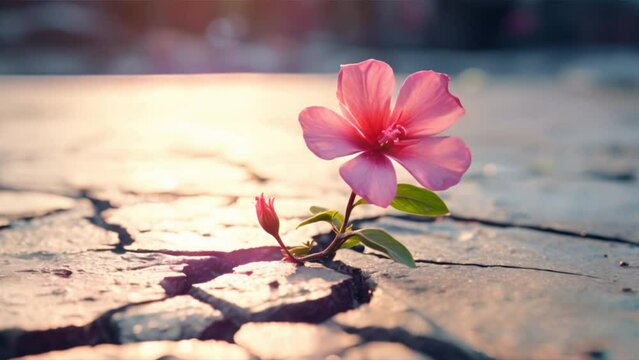 Flower blooms amidst desert sands, surrounded by nature's greenery, symbolizing life, growth, and resilience in harsh environments