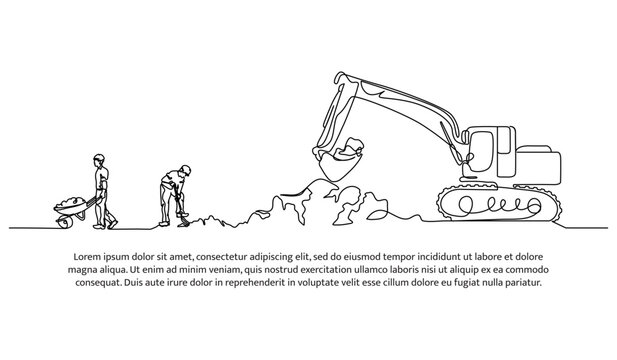 One line continuous of dig the ground using an excavator. Minimalist style vector illustration in white background.