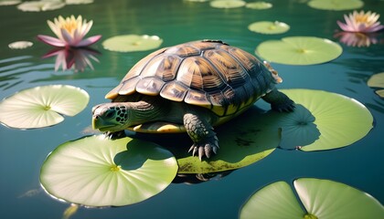 A turtle peacefully floating on a lily pad in a calm pond