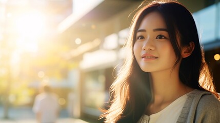 Obraz premium 太陽の光と笑顔の日本人女性