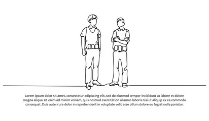 One line continuous of contractors are in discussions. Minimalist style vector illustration in white background.
