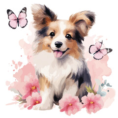 Cute dog clipart with watercolor with pink flower 
