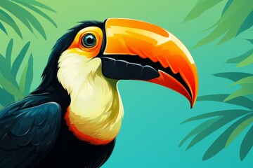 Naklejka premium Illustration of a smiling toucan, its vibrant beak complemented by a cheerful grin, set against a solid-colored backdrop
