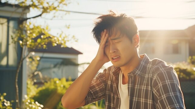 熱中症、日射病、夏の日差しとつらそうな日本人男性