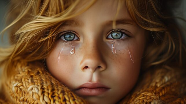 A child's eyes well up with tears as they say goodbye to a beloved pet  capturing the raw vulnerability of loss and the bittersweet tenderness of parting.