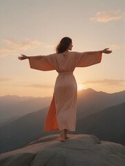 A woman in a flowing robe stands on a mountaintop with her arms outstretched, facing a sunrise