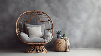 Stylish round wicker chair with plush pillows, complemented by a small succulent and a knitted pouf in a modern home