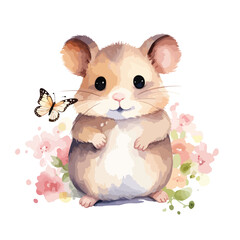 Cute hamster clipart with watercolor with pink flower