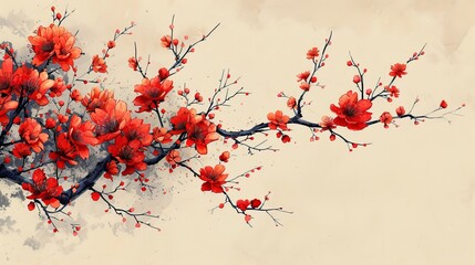 Natural landscape background with Asian icon texture modern. Branch decorated with vintage style red chrysanthemum flowers.
