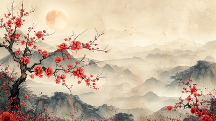 Vintage style branch with red chrysanthemum flower leaves decoration in a natural landscape.