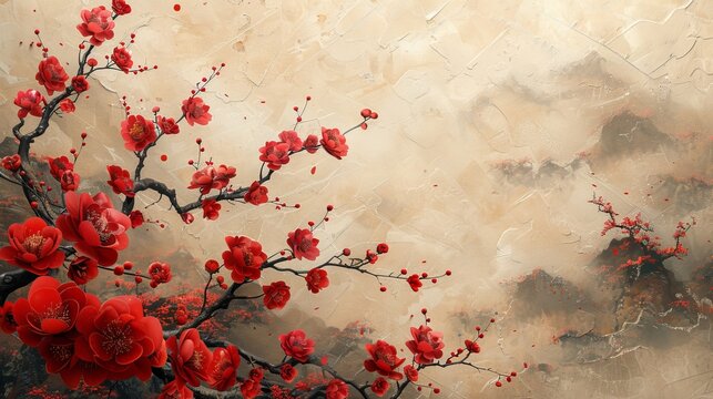 Background with branches, leaves, and flowers in a vintage style. Cherry blossom element.