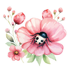Cute ladybird clipart with watercolor with pink flower