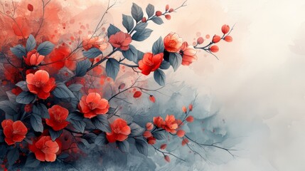 Background art of a natural landscape with watercolor texture modern. Vintage branch with leaves and flowers decoration. Abstract art elements with natural banner design. - obrazy, fototapety, plakaty