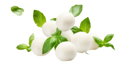 mozzarella balls and basil leaves levitate on white isolated background