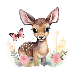 Fototapeta premium Cute little giraffe clipart with watercolor with pink flower