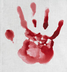 bloody handprint on a white background. bloody mark on clothes. wound