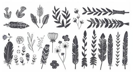Isolated modern illustration of vintage arrows, feathers, dividers and floral elements, hand drawn