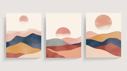 An abstract contemporary art print featuring sunset, sunrise, and nightscapes, earth tones, and pastel colors. Boho wall decor. A mid century modern minimalist design.