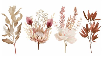 Protea flower, tropic palm, pale orchid, eucalyptus, dried tropical leaves, floral elements. Trendy winter, autumn wedding bouquets, vintage decoration. Isolated modern illustration.