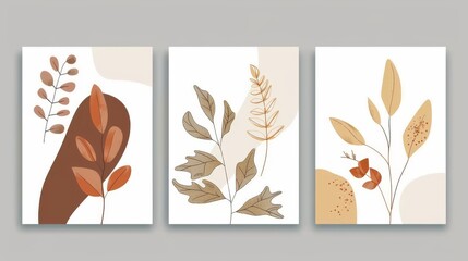 The botanical wall art modern set includes boho foliage line art designs in earth tones. Abstract Plant Art designs can be used for printing on covers and wallpapers.