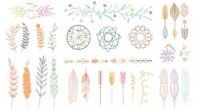 A collection of hand drawn doodle boho style dividers, borders, arrows design elements, dream catchers. Isolated. Perfect for wedding invitations, birthday cards, and banners.