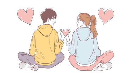 Illustrations showing a boy and girl making heart gestures with their fingers back to back. This is a hand drawn style modern design illustration.