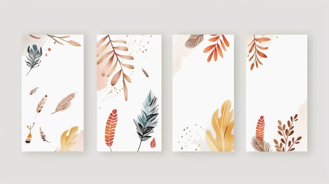 Templates for banners, flyers, and posters with feathers, foxes, monkeys, and arrows in a boho style