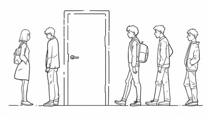 The people are moving to the doorway of another dimension in black and white. Flat design style modern graphic illustration set.