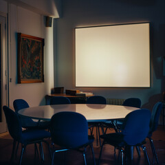 Spacious conference room interior features a modern table and chairs for business meetings